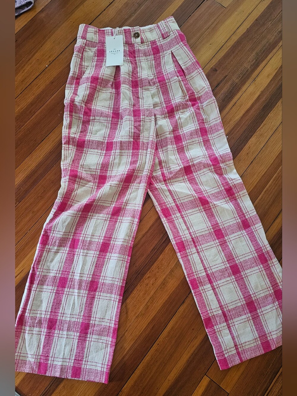 Sezane Wide Leg Pink Plaid Trousers Pants Linen NWT Size 6